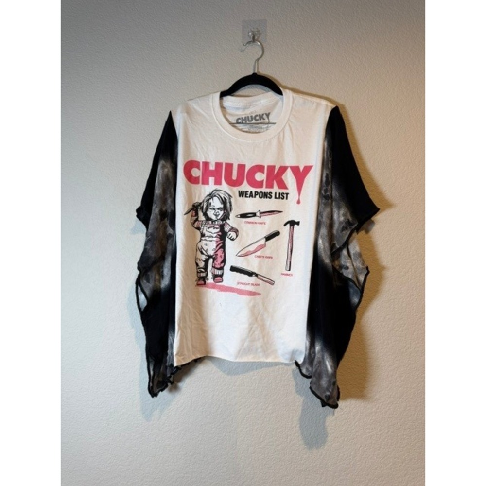 Chucky Weapons List Graphic Top Reworked OOAK Upcycled Horror White Black O/S